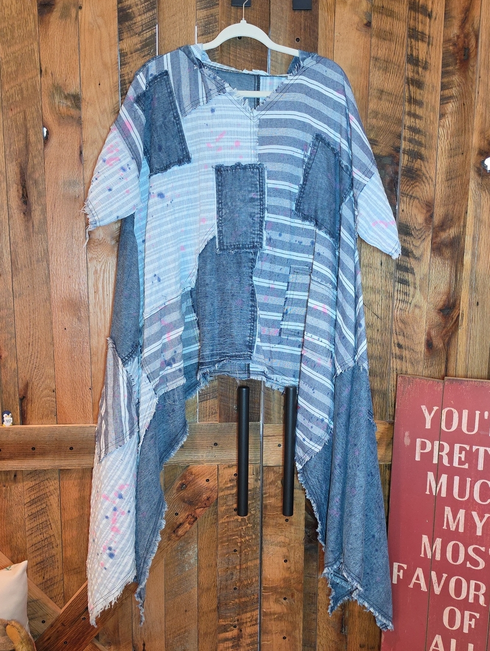228p Oli & Hali Patchwork Tunic Top in Blue, Gray & Pink Flecks